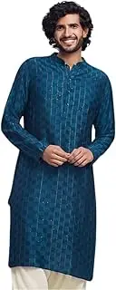 [KISAH] Men's Kurta, Turquoise Blue Cotton, Embellished Regular Fit Mandarin Collar Long Sleeves Kurta for Men