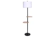 Sarantino Metal Floor Lamp Shade with Black Post in Round Wood Shelves