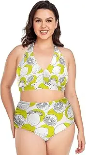[Caihoyu] Ladies' Plus Size Two-Piecing Swimwear Tummy Control Bathing Suits High Waisted Bikini Swimwear Lemon L