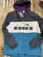 Diadora Hooded Lined Full Zip Retro Windbreaker Jacket Blue Men's Size Small US