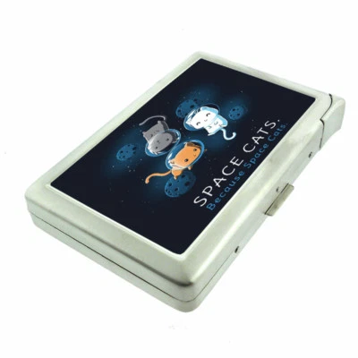 Space Cats Em1 Cigarette Case with Built in Lighter Metal Wallet