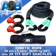 Kinetic Rope 38mm x 9m 38T Recovery Dyneema Tow Winch Rope+ 2x 17T Soft Shackles
