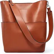 [BOSTANTEN] Women's Leather Designer Handbags Tote Purses Shoulder Bucket Bags, A03-brown, Large (L)10.35" x (W)5.9" x (H)12.7" inch, Purses Handbags