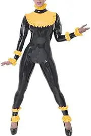 [DAIJES] Black and Yellow Latex Catsuit with Ruffles Back to Front Crotch Zipper Rubber Bodysuit Zentai Overall Body Suit