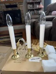 New 3 Window Candles Electric Switch Cord Brass Base W/extra bulbs