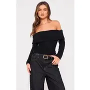 Black Bobble Knit Bardot Top, Black