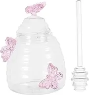 CATIEBYE Elegant Glass Honey Pot with Pink Butterfly Lid Honey Dispenser with Stirrer Small Honey Jar for Kitchen Use
