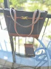 Michael Kors Reed Large Shoulder Tote Handbag Purse Bag Brown MK + Flat Wallet