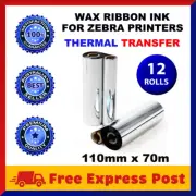 12 Rolls Wax Resin Ink Ribbons 110mm x 70m Thermal Transfer Zebra Printer Labels