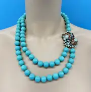 Heidi Daus Signed Koi Fish Swarovski & 10mm Teal Opalite Glass Bead Necklace NIB