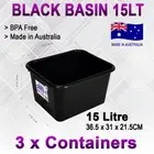3x Large Heavy Duty 15L Black Plastic Basin Tub Containers Storage Crates Box AU
