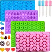 Gummy Bear Mold, WADY 4Pcs Gummy Bear Candy Molds Silicone,Gummy Molds with 4 Droppers,Non-Stick Silicone Candy Molds Including Mini Dinosaur,Bear Shape,Hearts and Mini Donut forJelly,Candy, Chocolate