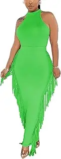 [Euulin] 2 Piece Outfits for Women Sexy Halter Neck Sleeveless Crop Tops Ruched Bodycon Dresses Jumpsuits Fringe Skirt Sets
