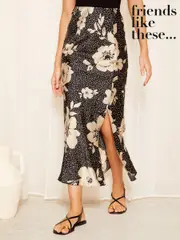 Friends Like These Black/Cream Satin Bias Split Front Midi Skirt (B68709) | $78