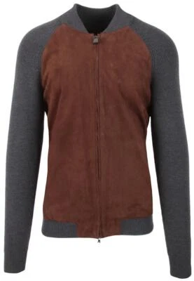 Paul & Shark YACHTING Men's Lamb Leather Jacket Cardigan Wool Size L Brown
