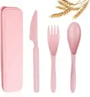 Reusable Travel Utensils Set with Case, Pink Wheat Straw Portable Knife Fork