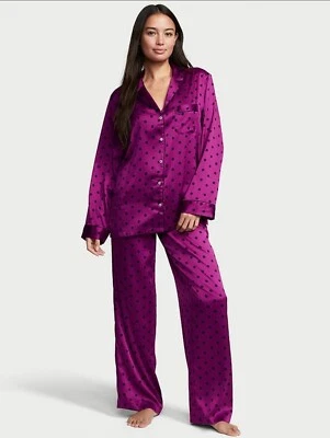 Victoria's Secret Satin Pajama PJ Top Bottom Purple Polka Dot Sleep Set S New