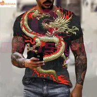 在飛比找蝦皮購物優惠-中國風t恤時尚龍刺繡短袖3d數碼印花龍短袖