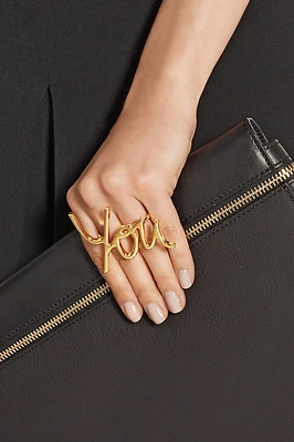 LANVIN GOLD PLATED BRASS TWO-FINGER "YOU" SCRIPT RING