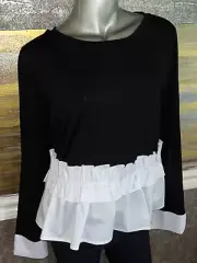 Neiman Marcus Black And White Contrast Ruffle Bottom Top XL New with Tags