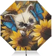 [PDZRMY] Kinkajou Sunflower Butterfly UV Protection Travel Umbrella Compact for Rain and Sun - Auto Open and Close UPF 50+ Windproof Portable 46” Sun Umbrella for Women and Men