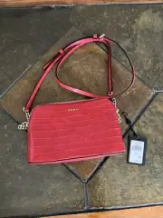DKNY Bryant Top Zip Dome Crossbody Bag Red Leather Handbag Gold Chain Strap NWT
