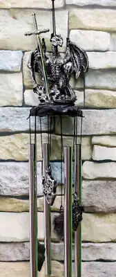 Medieval Silver Dragon Holding Excalibur Sword And Orb Figurine Wind Chime Decor