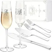 iooiluxry Wedding Cake Knife and Server Set, Champagne Flutes, Bride and Groom Toasting Champagne Glasses Print Mr and Mrs, Cake Cutting Set for Wedding Engagement Gifts
