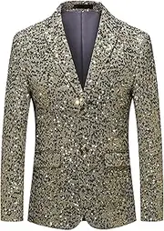 [Generic] Men's Sequins Suit Jacket Shiny Sparkly One Button Blazers Glitter Clothes Party Tuxedo Wedding Prom Festival Costume, G-gold, Large
