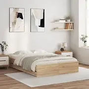 vidaXL Double Bed Frame with Drawers - Engineered Wood, Sonoma Oak, 135x190 cm, Plywood Slats, Modern Bedroom Furniture
