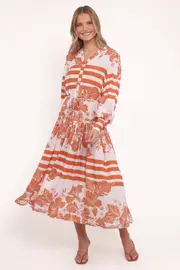 [PUP118] Jules Long Sleeve Dress - White/Orange XS Orange