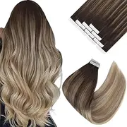 Ve Sunny Tape-in Hair Extensions Human Hair Ombre Dark Brown Golden Blonde Mixed Ash Blonde 10pcs 25g 22inch