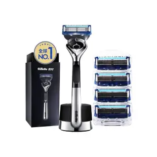 【Gillette 吉列】小黑磚 無感系列套組(1磁吸刀座1刀架5刀頭/手動刮鬍刀/零死角刮淨)