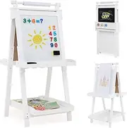 HONEY JOY Foldable Easel for Kids, 3-in-1 Double-sided Art Easel with Chalkboard & Whiteboard, Replaceable Paper Roll & 3 Paint Cups, Storage Trays, Creative Art Center for 3+ Years Old Children (White)