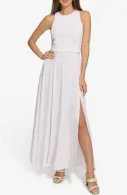 DKNY Ruched Mesh Trim Sleeveless Maxi Dress in White at Nordstrom, Size Medium