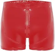 [Syhzlz] Mens Shiny Leather Short Pants, Sexy Below Open Crotch, Glossy PU Leather, Comfort Stretch Waistband