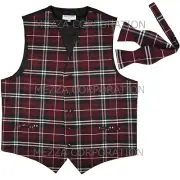 New Vesuvio Napoli Men's plaid Tuxedo Vest Waistcoat_Self Tie Bowtie Burgundy