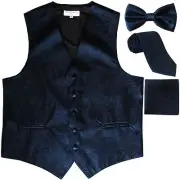 New Men's Paisley Tuxedo Vest Waistcoat & necktie & Bow tie & Hankie Navy Blue