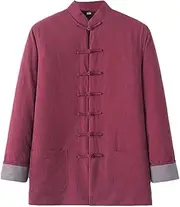 [NTWSHS] Chinese Clothing Winter Warm Thick Tang Suit, Men Kung Fu Clothing Tops Martial Art Uniform Wing Chun Jacket Coats Long Sleeve Cotton Tai Chi Clothes(Red,X-Large)