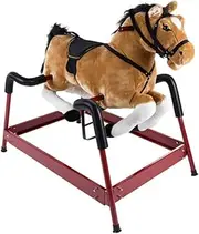 Spring Rocking Horse Plush Ride on Toy with Adjustable Foot Stirrups and Sounds for Toddlers to 5 Years Old by Happy Trails - Brown