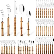 Uniturcky 50PCS Silverware Set for 10, Bamboo Handle Flatware Set, Stainless Steel Cutlery Set for Home Restaurant and Party, Bamboo Forks Spoons and Knives Set, Polished Tableware