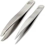Slant & Splinter Tweezer Set - Precision Point & Slant Tweezers for Eyebrow, Ingrown Hair & Splinter Removal - Fine Tip for Women & Men - Silver Stainless Steel 2pcs