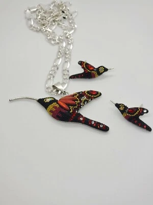 Red Fire Opal Crystal Pendant Silver Pearl Beaded Hummingbird Charm Earrings Set