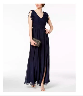 Adrianna Papell Shirred Tulle Gown Size 2 Flutter Sleeves Pleated Midnight