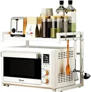 [PUSDON] Adjustable Carbon Steel Microwave Oven Rack, 2-Tier with 3 Hooks, 55lbs Weight Capacity, White