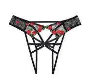 NWT Victoria's Secret Crotchless Cherry Embroidery Open-Back Panty Sz S - Black