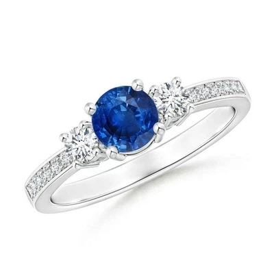 925 Sterling Silver Blue Sapphire Stone Handmade Three-stone Ring Jewelry Size 7