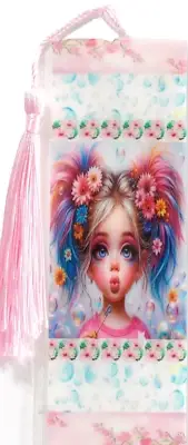 LITTLE GIRL BLOWING BUBBLES/FLOWERS/PIXIE UNIQUE EXQUISITE LAMINATED BOOKMARK