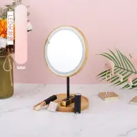 在飛比找樂天市場購物網優惠-竹制LED圓形化妝鏡 高清浮法鏡片 led化妝鏡