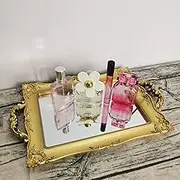 Hamphinee Rectangle Floral Decorative Mirror Tray, Perfume Organizer, Jewelry Dresser Organizer Tray & Display, Makeup Organizer Vanity Tray, Serving Tray, 9.3"x14.9", Gold
